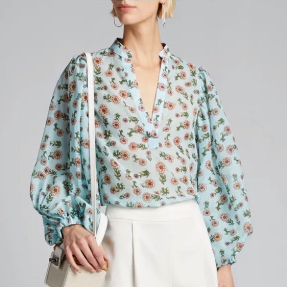 Alice + Olivia Raya Floral Top Mint Green Dazed Silk Cotton - Small